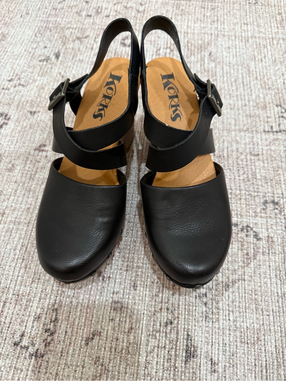 Kork-Ease Black Leather Slingback Clog-Heel Sandals